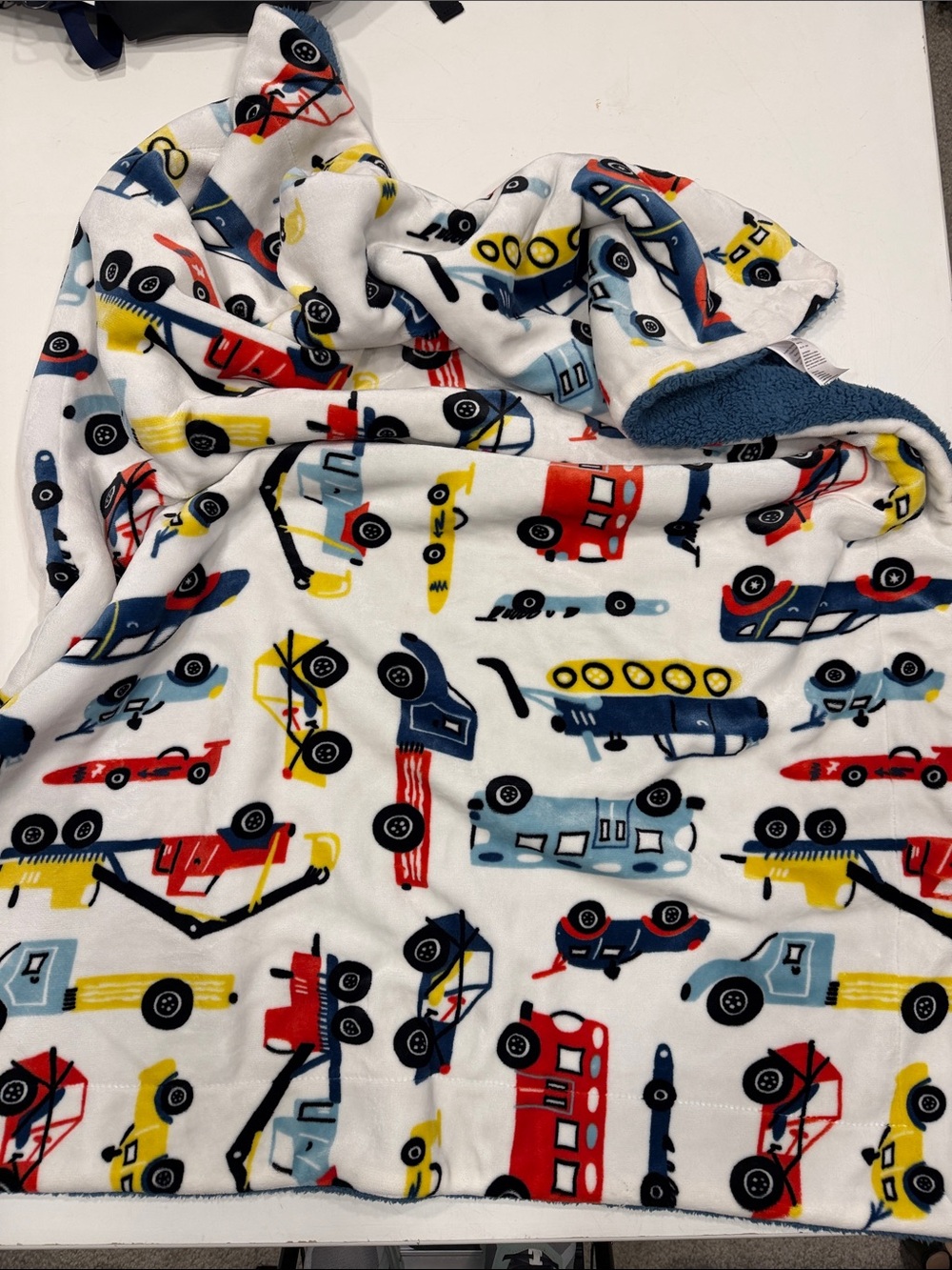 Plush Hooded Kids Blanket - Multi Vehicle Print (White)